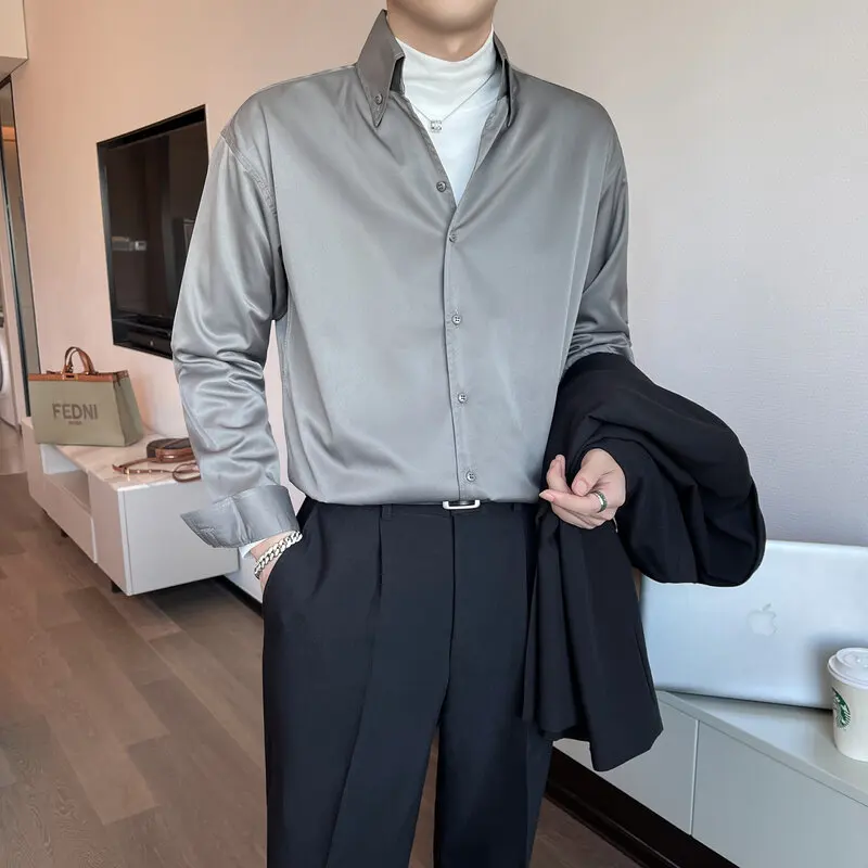 

Button Up Autumn Clothes For Mens Elegant Fashion Korean Style Classic Work Full Sleeve Shirts For Mens Grey Yellow Office Dress
