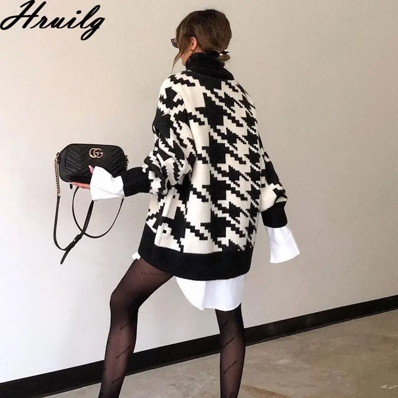 

Warm Sweaters for Women Long Sleeve Turtleneck Loose Elegant Houndstooth Winter Clothes Women Casual Vintage Knitted Sweater