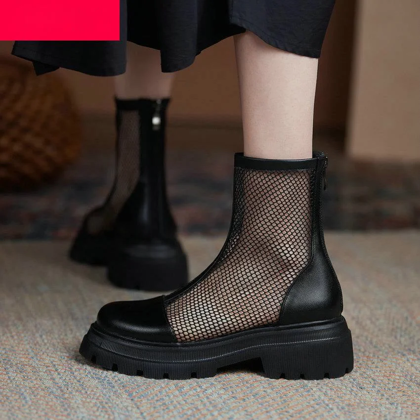 

Женские сетчатые ботинки из натуральной кожи, на молнии, с круглым носком, на высоком устойчивом каблуке, размеры 34-41, для весны и лета, 2021