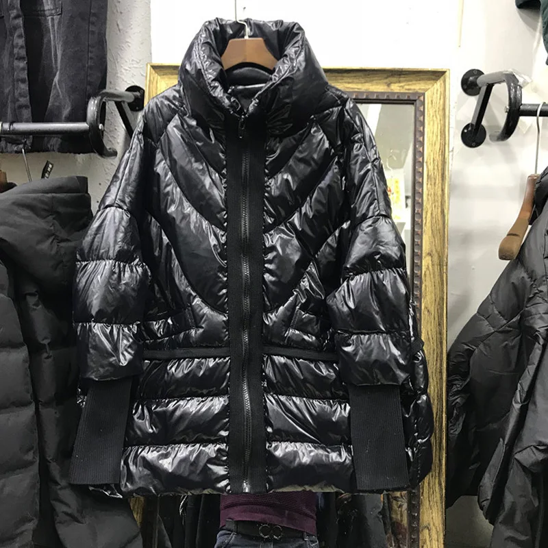 

Winter Down Jacket Women Shiny Bread Loose Stand Collar Female Down Parkas 90% White Duck Down Coat Oversize Waterproof