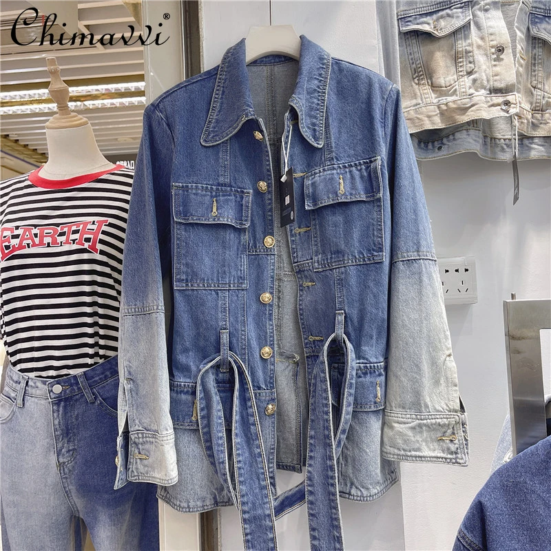 

Women Casual Style Long Sleeve Denim Jacket New Cinched Tie Gradient Color Slimming Blue Coat Top