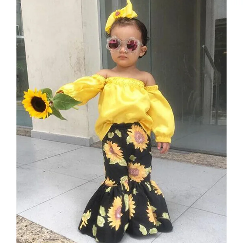 

Spring Autumn Baby Girls Long Sleeve Tops Solid Coat Ruched Headbands Long Flare Sunflower Pants Toddler Children Clothes Sets