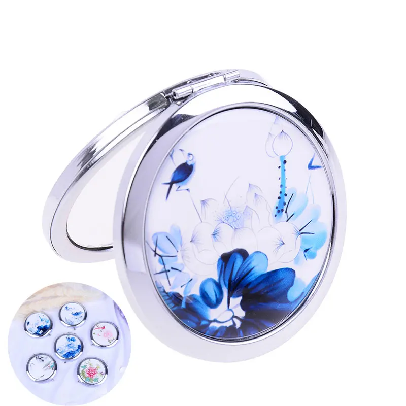 Китайское круглое мини складное зеркало милое для девочек двухстороннее черное