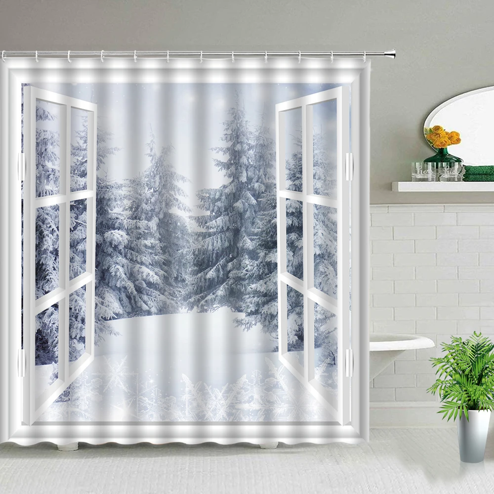 Winter Snow Fir Forest Landscape Shower Curtain Set Snowflake Houses Snow Scene Bathroom Decor Waterproof Hanging Cloth Curtains