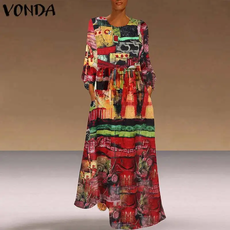 VONDA 2019 летнее платье макси с принтом женский сарафан винтажный стиль круглый