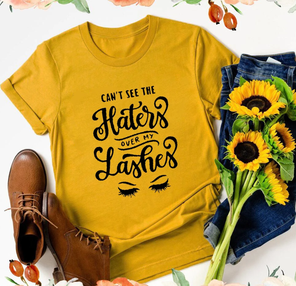 Mustard-black txt Cant See The Haters For My Lashes футболка для макияжа футболка для художника ресницы Забавный Графический Женский модный тройник лозунг tumblr Топы в готическом стиле - Цвет: Mustard-black txt