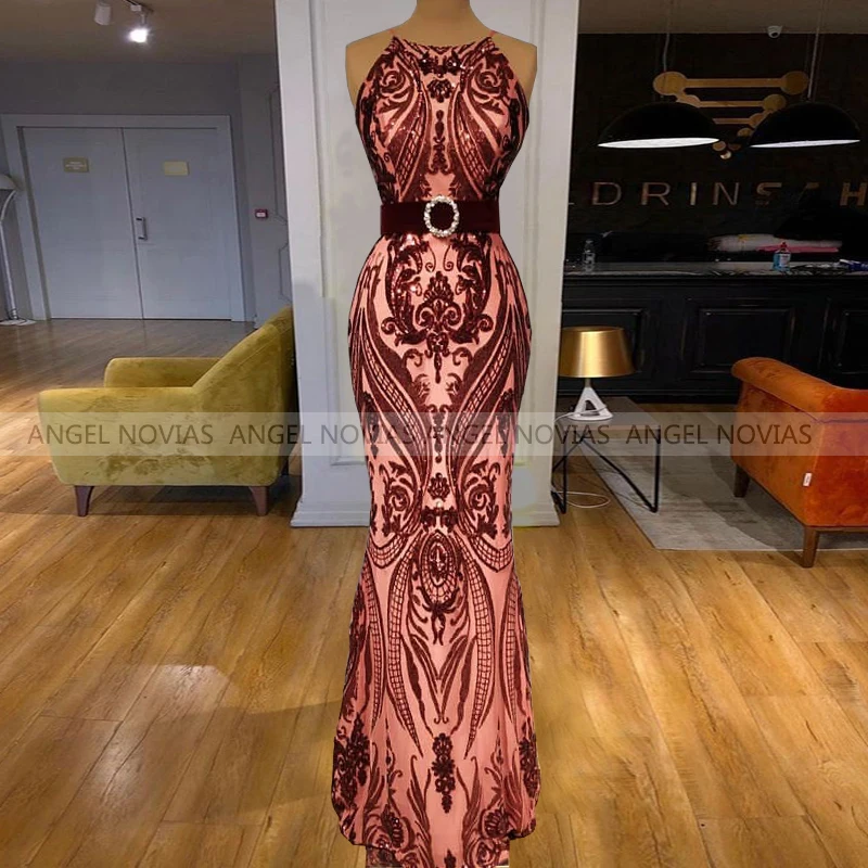 

ANGEL NOVIAS Long Burgundy Mermaid Lace Halter Evening Dresses 2021 Prom Gowns Vestito Da Donna
