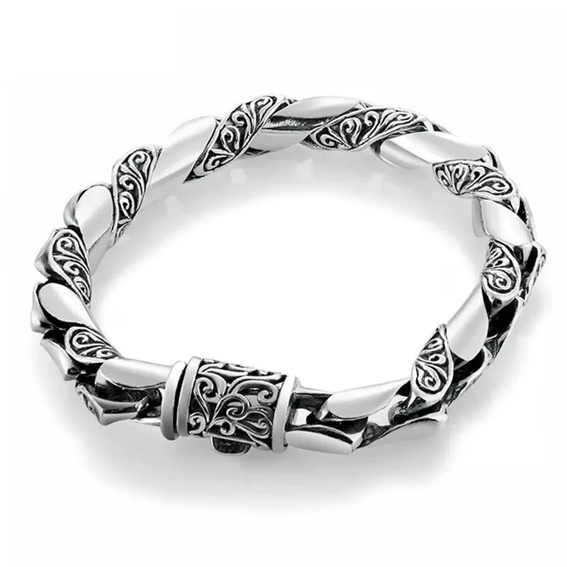

New Silver Bracelet Men Vintage Punk High Polished Auspicious Flowers Embossed Bracelets Handmade Thai Silver Jewelry
