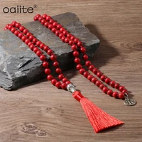 oaiite 108 beads mala necklace handmade tassel jewelry for unisex 8mm red turquoises hand knotted necklace with red tassel