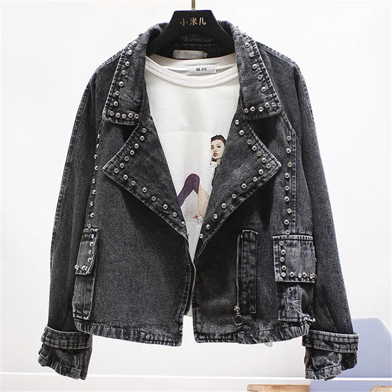 

Vintage Black Denim Jacket Rivets Boyfriend Casual Jeans Outerwear Denim Coat Ladies Beads Loose Short High Street Jeans Jackets