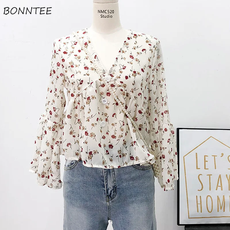 

Blouses Women Floral Retro 3 Colors V-neck Casual Feminine Harajuku Design Tops Ins Simple Comfortable Elegant Ulzzang Fashion
