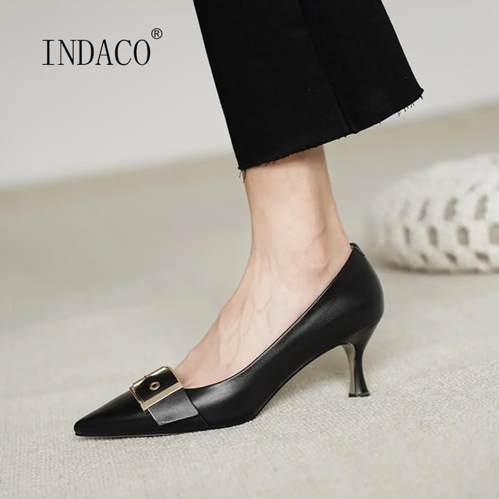 

Women Heels Leather Women Shoes High Heel Pointed Toe Buckle Single Shoes Beige Party Shoes Size 40