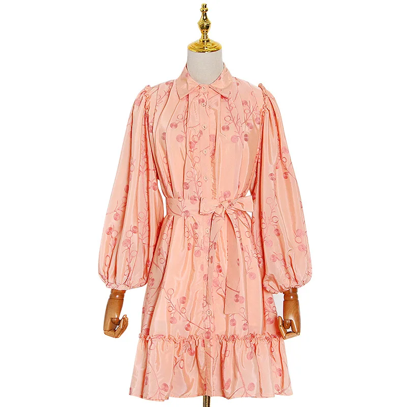 

New fashion temperament printed lapel lantern sleeve long sexy high waist lace-up short dress for women