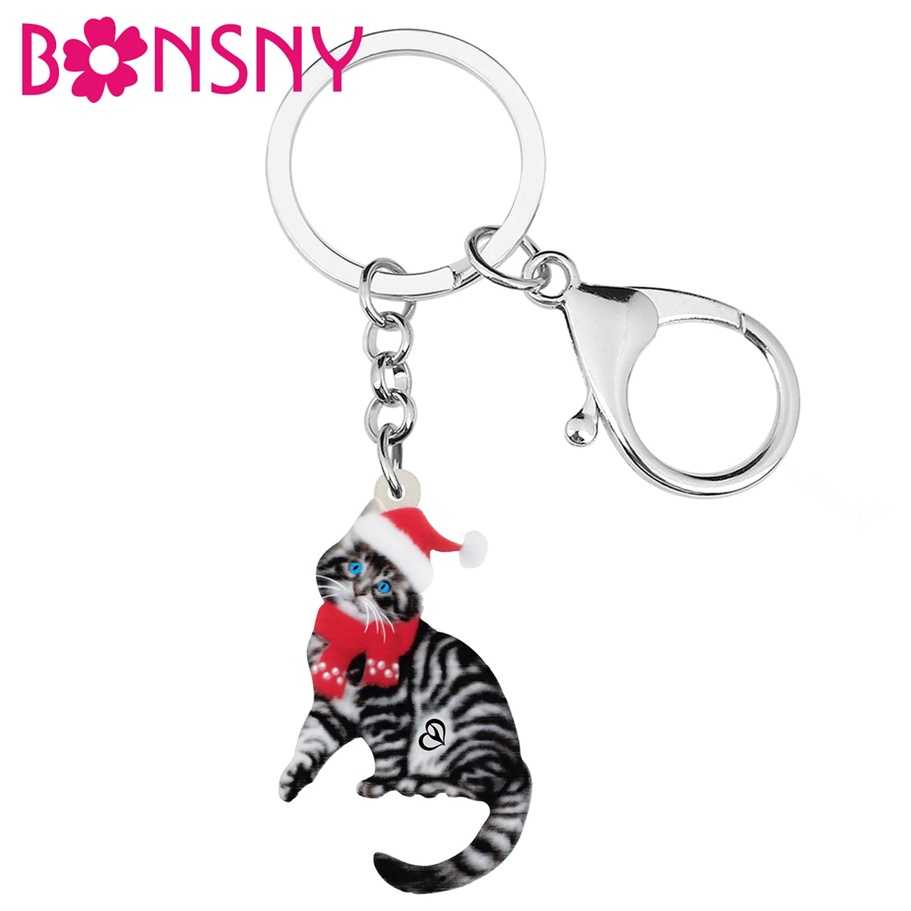 

BONSNY Acrylic Christmas Red Hat Sweet Cat Kitten Keychain Trendy Pets Key Chain Ring Charm Gifts Jewelry For Women Girls Teens