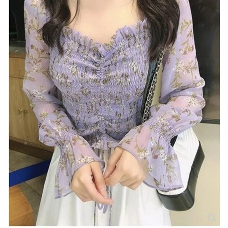 

Summer New Floral Pattern T-Shirt Ladies Women Cottagecore Sexy strapless low-cut T-shirt Ladies Bubble Long Sleeve Top Ladies