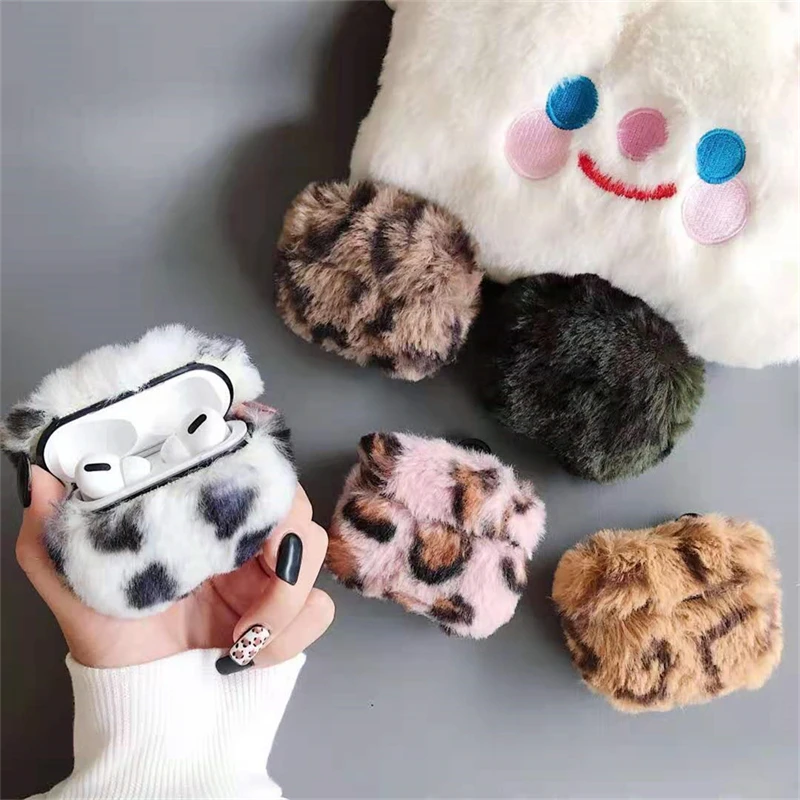 

Милый мультяшный Леопардовый принт, плюшевый чехол для AirPods 1 2 Pro Box, зимний мягкий силиконовый беспроводной защитный чехол для Bluetooth наушник...