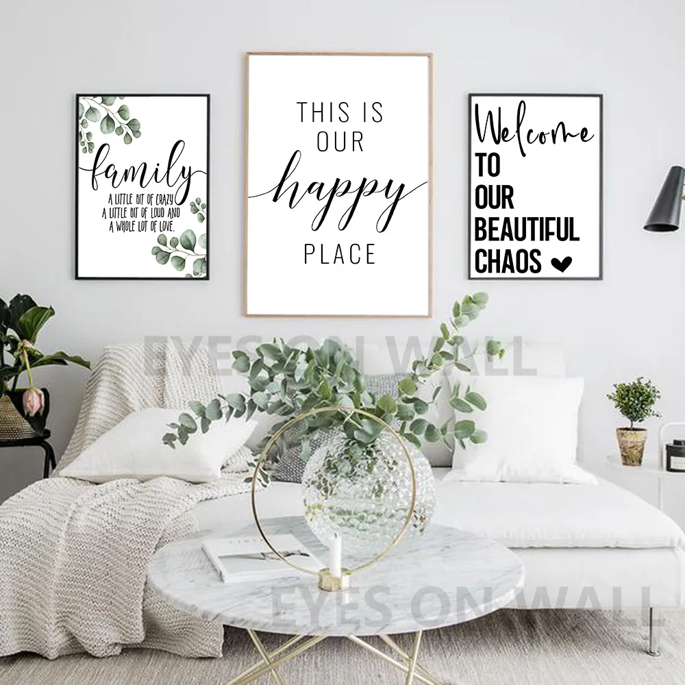 

Family Simple Quote Picture Green Leaves Poster Black White Wall Art Canvas Painting Nordic Style Modern Print for Living Room