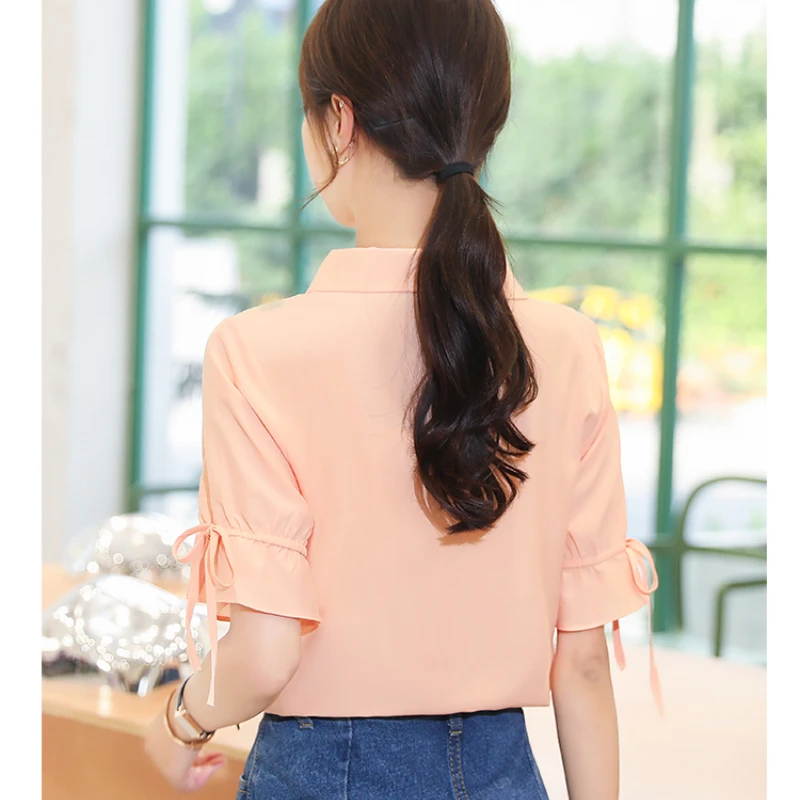 

2021 New Fashion Korean Casual Office Lady Orange Pink White V-neck Blouse for Women Summer Flare Sleeve Tops