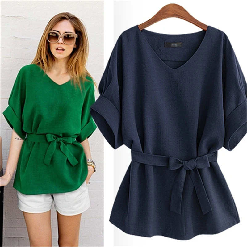 

2021 Summer Fashion Women's V-neck Bat Sleeve Butterfly End Belt cotton and linen five-quarter sleeve loose-fitting casual top