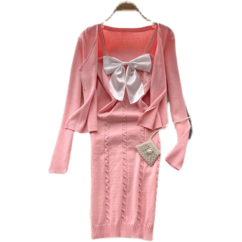 

Осень 2021, новый женский повседневный костюм, облегающее платье на бретельках с бантом, женский кардиган, элегантный модный костюм из двух пр...
