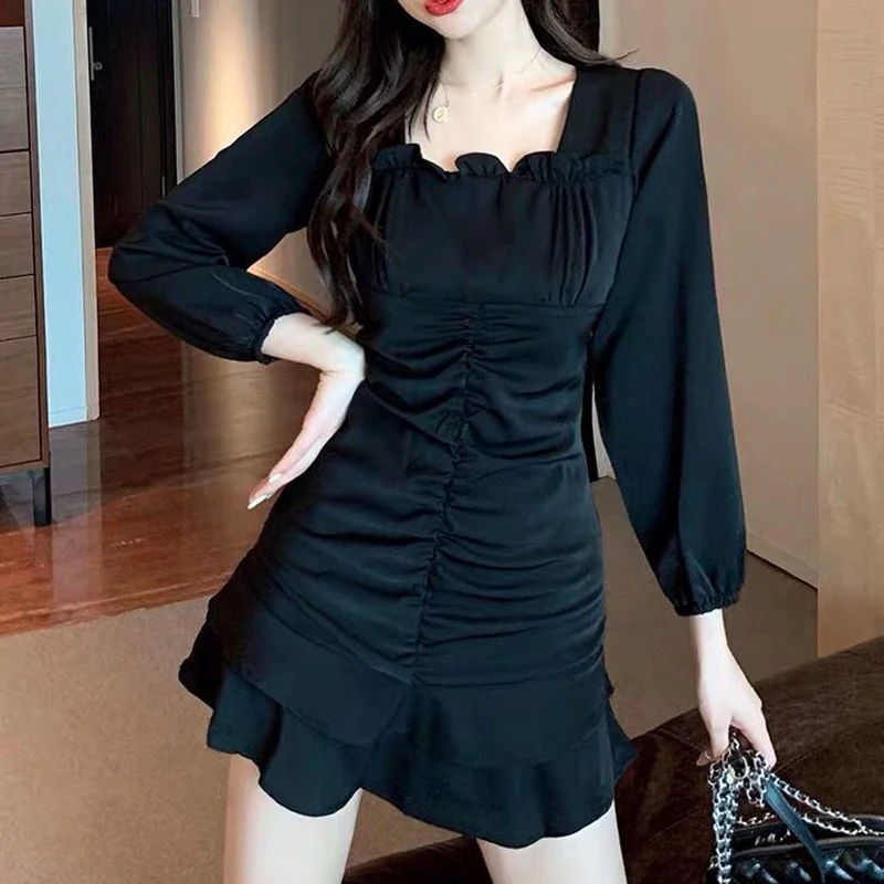 

Dress Women Sweet Ruffles Simple Pleated Design Solid Slim Empire Girls Dresses Vacation Soft Summer Chic Ulzzang Womens Vestido