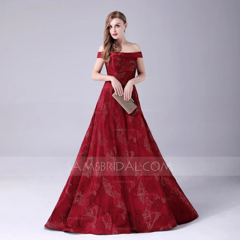 Ball Gown Off-the-shoulder Floor-length Polyester Evening Dress with Embroidery Pattern |