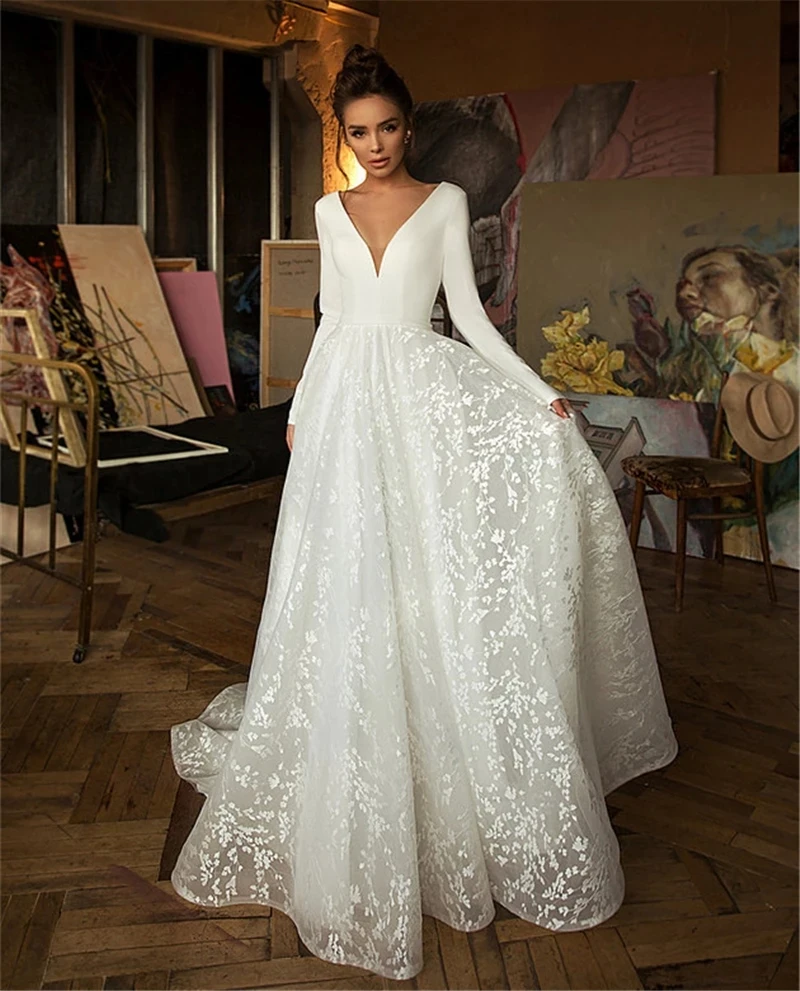 

Muslim Wedding Dresses A-line V-neck Long Sleeves Appliques Boho Dubai Arabic Wedding Gown Bridal Dress Vestido De Noiva