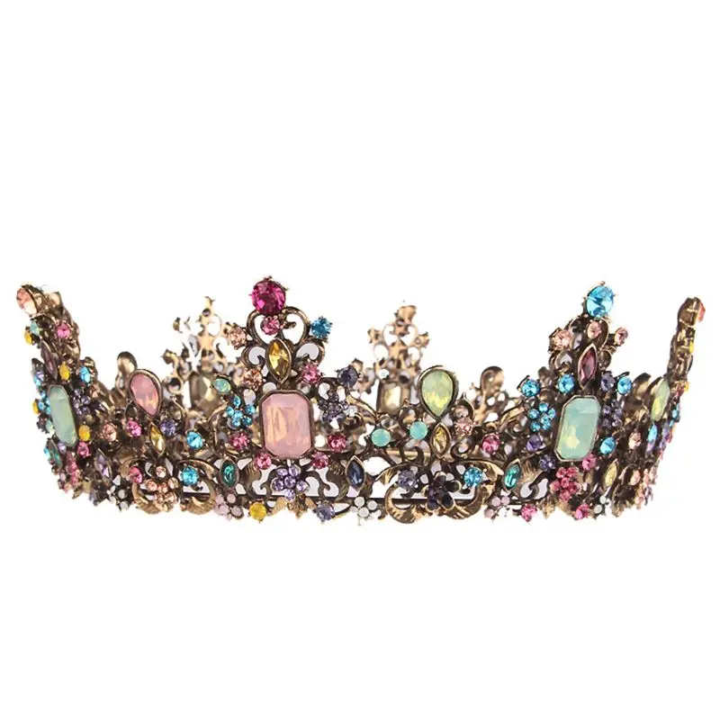 Светло-желтый, золотистый цвет Свадебная вечеринка сплав Grand Crown Женская винтажная инкрустация цветной горный хрусталь Украшение-корона на голову - Окраска металла: Светло-желтый, золотистый цвет