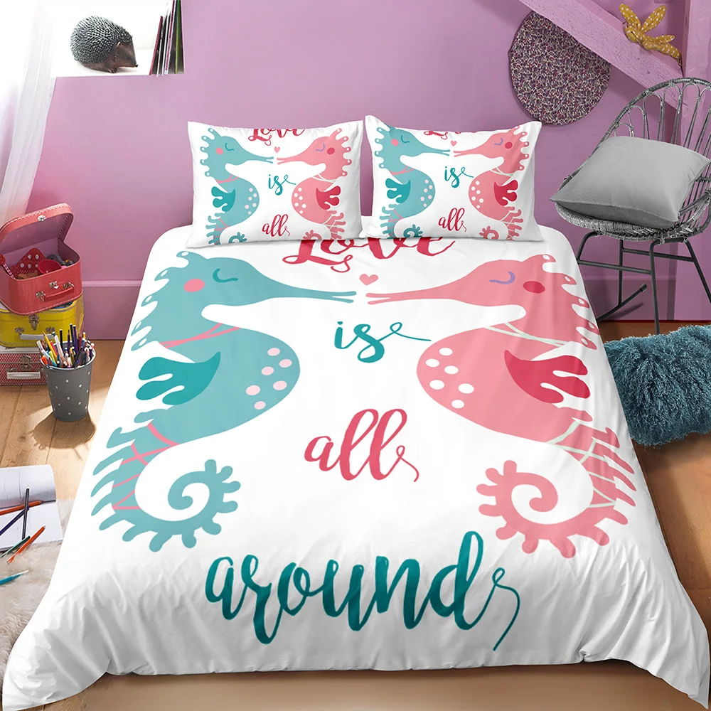 Комплект постельного белья с рисунком розовой синей морской лошади пододеяльник