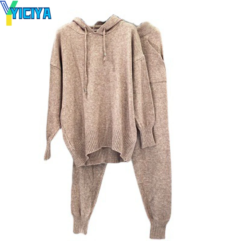 

YICIYA Hooded sweater two piece set 2021 winter knitted sweater high waist legged pants knitted suit female tracksuit women