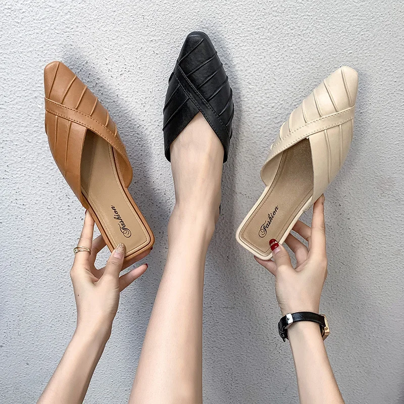 

2021 spring and summer women's shoes Korean silk satin Pointed bow tie slippers Baotou flat heel sets semi slippers