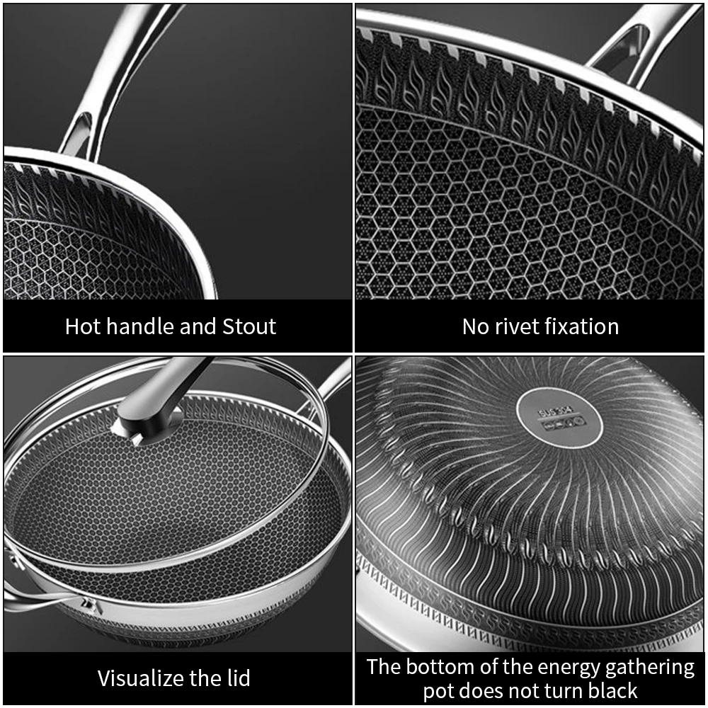 

Double-Sided Screen Honeycomb Non-stick Pan Stainless Steel Wok Without Oil Smoke Frying Pan Pan Cookware Kitchen Cooking Pot