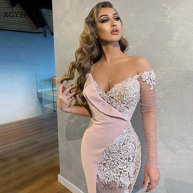 

New 2021 Sexy Mermaid Evening Dress Turkey Pink Robe de Soiree Sequin Lace Prom Gowns Formal Evening Party Dress