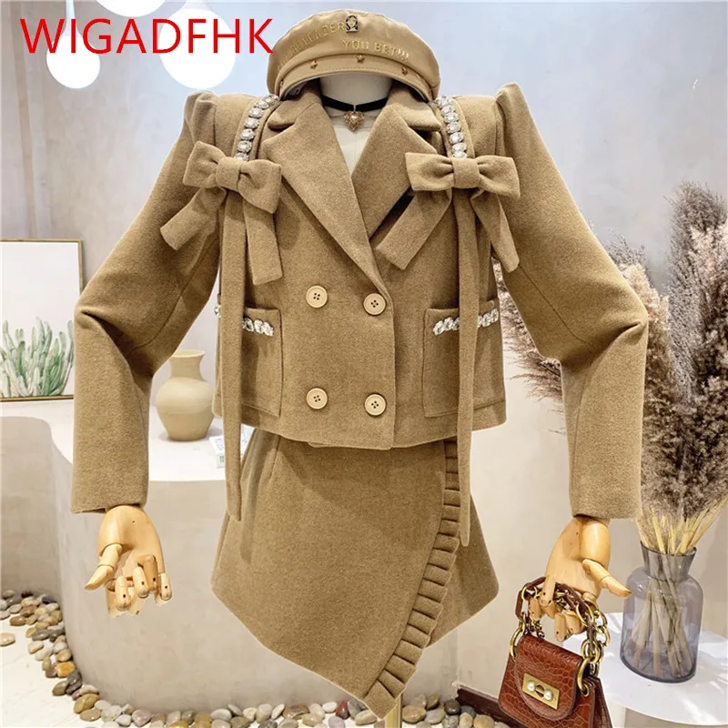 2022 Autumn And Winter New Korean Fashion Suit Bow Short Loose Woolen Coat + High Waist Skirt 2/Two-piece Suit Western Style