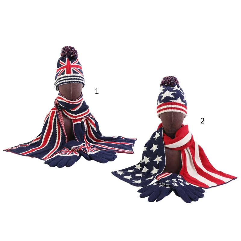 

Women Men Winter 3 Pieces Beanie Hat Long Scarf Gloves Set UK British USA American Flag Stripes Printed Pompom Skull Cap