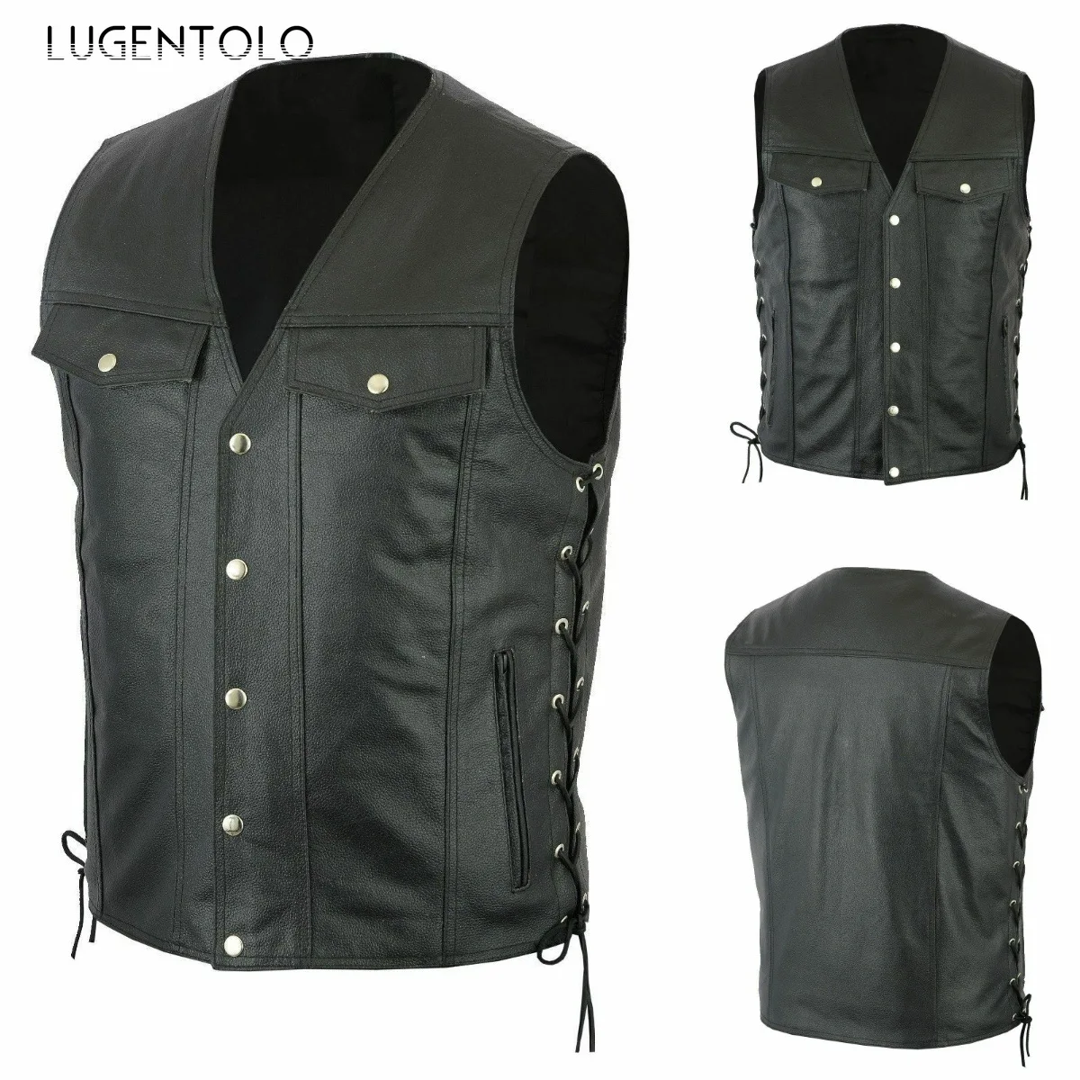 

Men Vintage Vest Fashion Large Size Casual Outdoor Jacket PU Spirng Autumn Thin Men's Bandage Single Breasted Vests