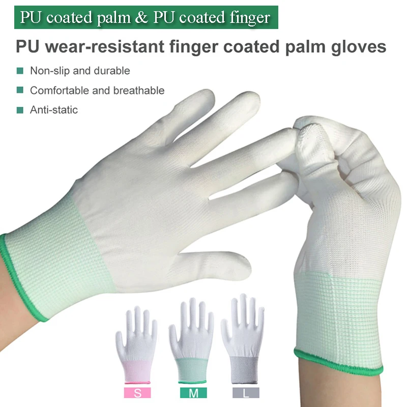 

1Pair White Gloves Anti Static Nylon PU Coated Finger Palm Gloves Inspection Finger Protection Electronic Working Thin Gloves