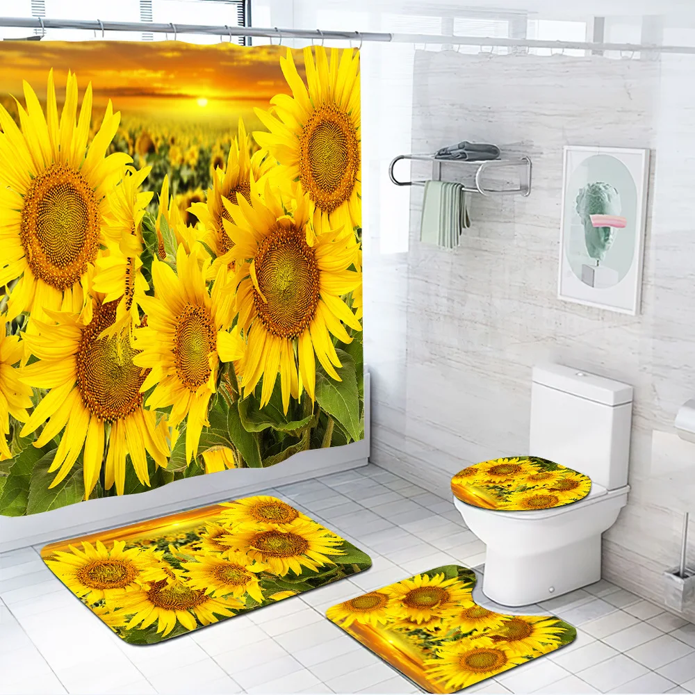 

Jelis 4pcs Set 3D Sunflower Plant Print Nordic Style Shower Curtain Set Hook Natural Landscape Home Decoration Bathroom Curtains
