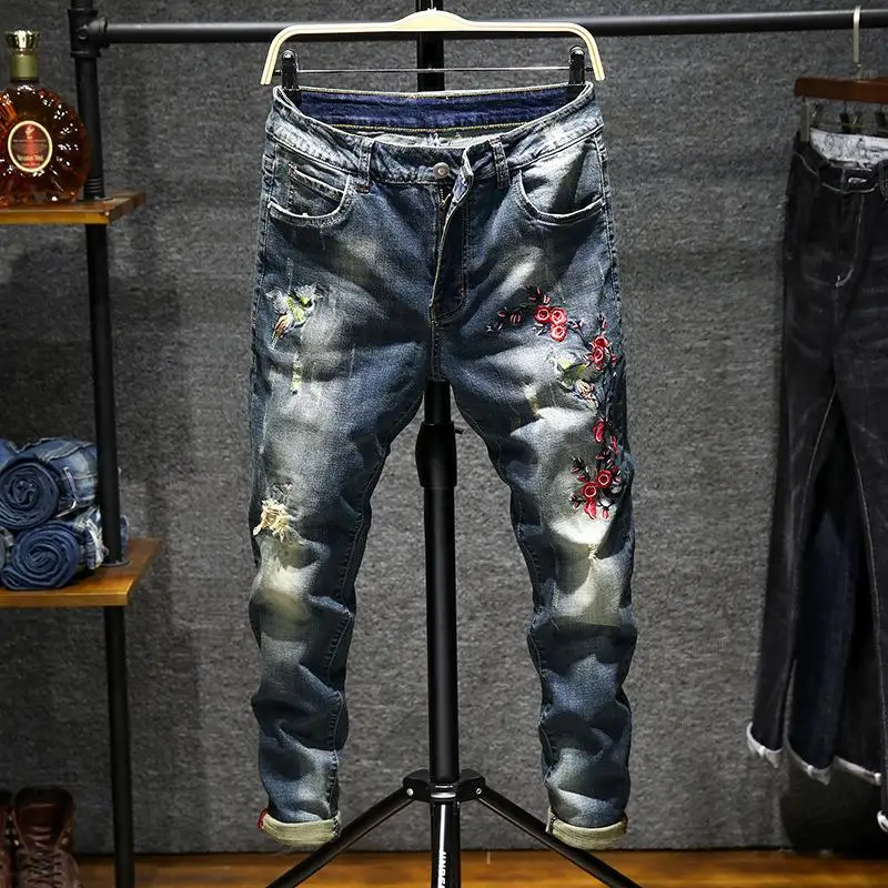 

New Men's Vintage Jeans Embroidered Straight Moto Jeans Slim Fit Denim Pants Distressed Trousers