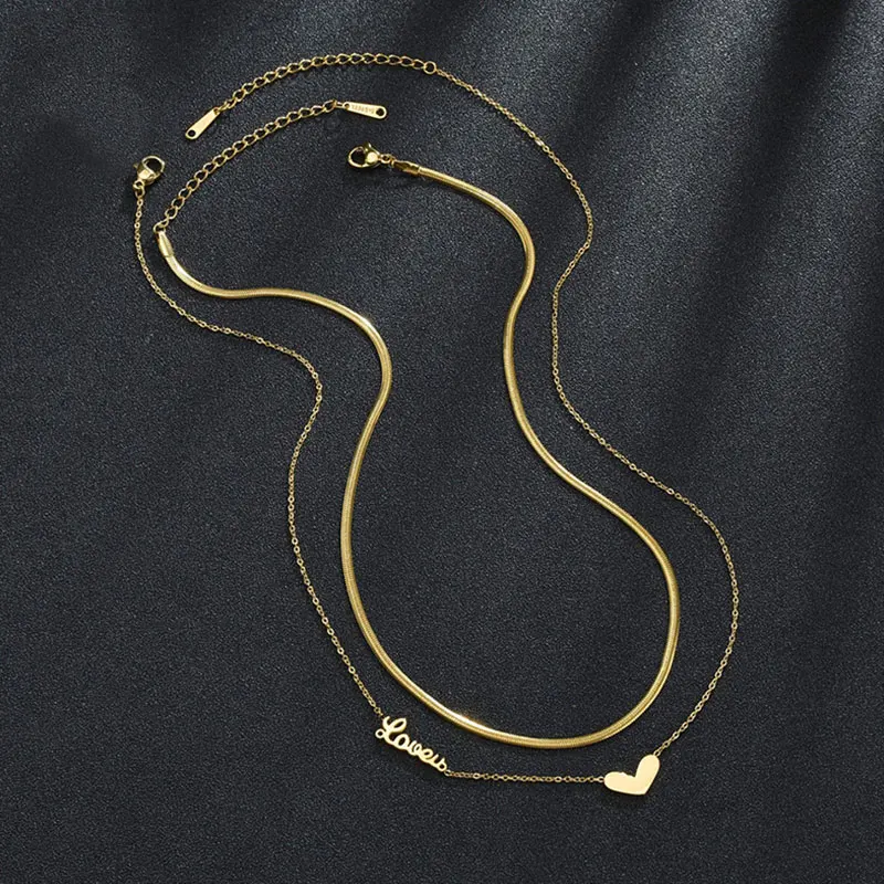 

Clavicle Chain 2 Layer Gift Snake Necklace Sweet Titanium Steel Heart Love Choker Stacked Fashion Women Jewelry Simple Necklace