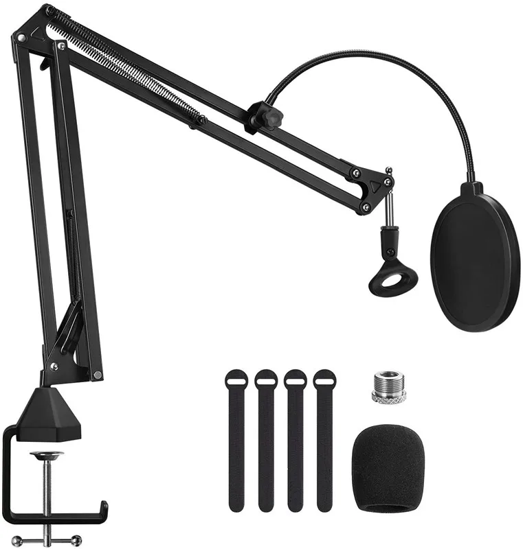 

Microphone Arm Stand, Adjustable Suspension Boom Scissor Mic Stand with Filter, 3/8" to 5/8" Adapter, Mic Clip, Upgraded Hea