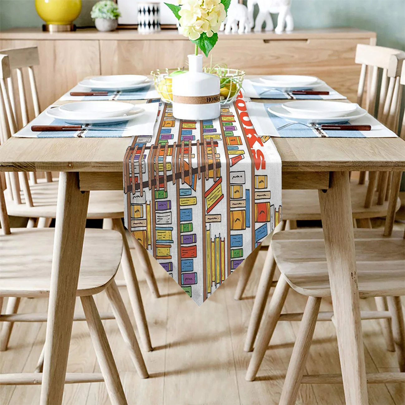 Книги окрашенные на полках настольная дорожка современная столовая деревенский