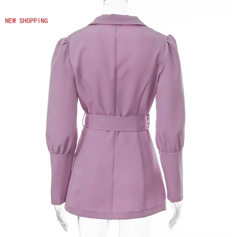 

Autumn Winter Business Office Lady Blazer Purple Sexy Deep V Neck Full Sleeve Bazers Women Double Breasted with Sashes Outerwear