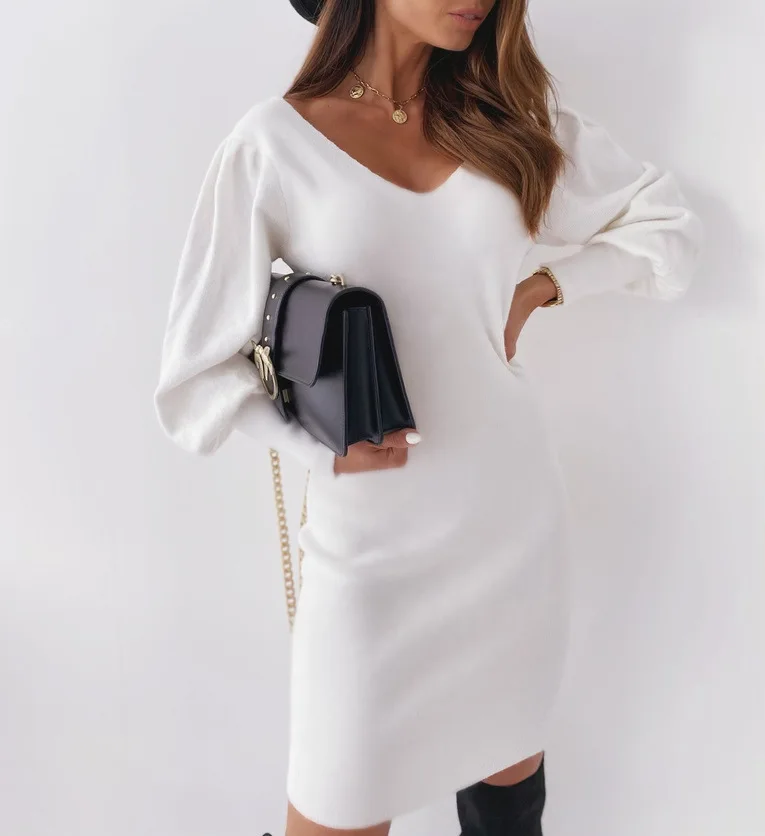 

Women Autumn Winter Plush White Black Mini Dress Lace Patchwork Sexy Backless V Neck Slim Package Hip Party Dresses Fall Clothes
