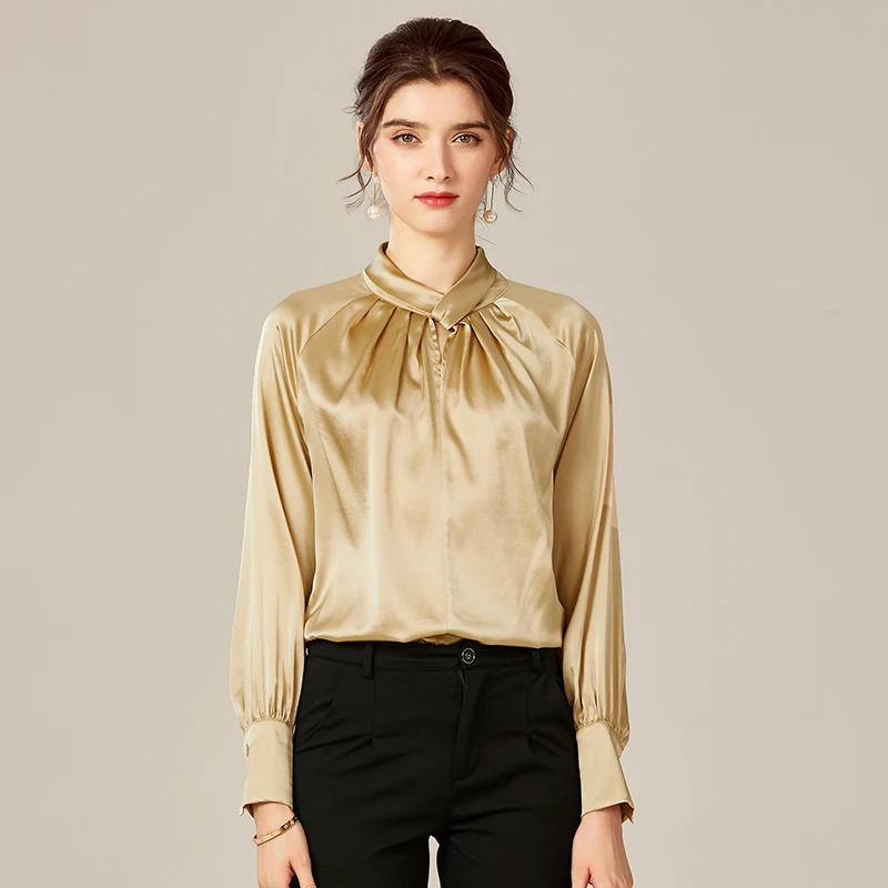 

Spring Autumn Natural Real Silk Women's Casual Shirt Elegant Fashion Stand Collar Long Sleeve Solid Office Lady Satin Blouse