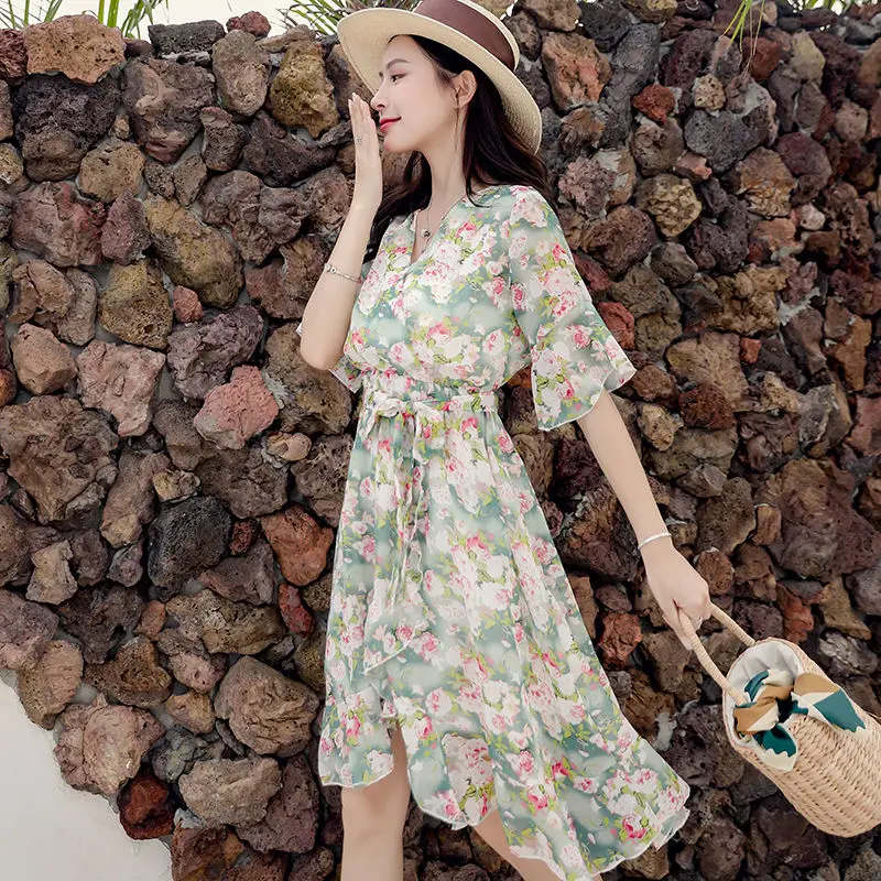 

For Summer Women's Dress V-Neck Butterfly Sleeve A-Line Women's Dress Comfortable Printing Fashion Ladies Dress AA3008
