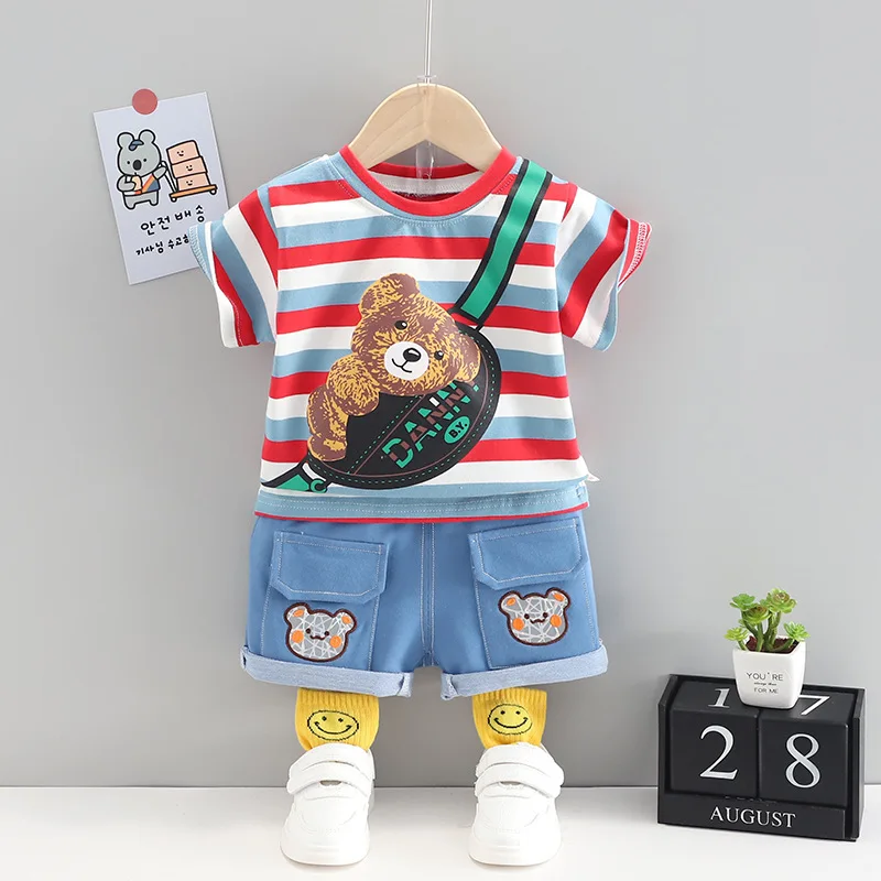 

Summer Boys Cartoon Clothes Kids Baby Boys Strips Clothes Printed Bear T Shirts Shorts 2Pcs/sets Infant Kids Toddler Tracksuit