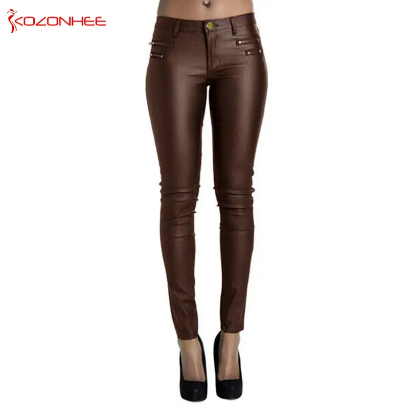 Искусственной Кожи Брюки Узкие Женские PU Sexy Упругие Молния Байкер Pantalon Femme 2017|leather