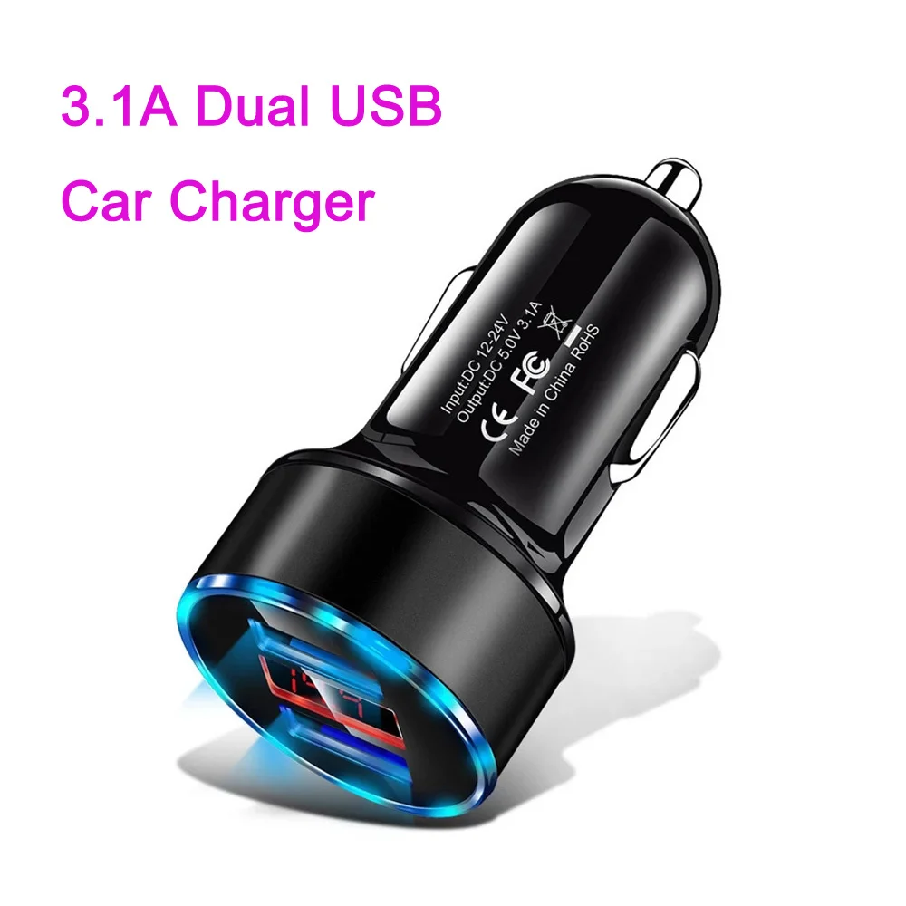 

USB Car Charger 3.1A Dual 2 Ports LCD Display 12-24V Car Cigarette Socket Lighter Car Phone Charger for iPhone 12 11 Pro HuaWei