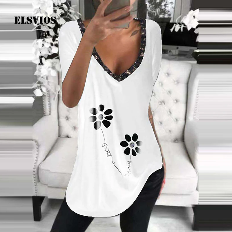 

Футболка женская с цветочным принтом, повседневный простой модный Свободный пуловер с V-образным вырезом, с коротким рукавом, элегантная ве...